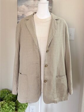 LL BEAN Cream Blue Linen Plaid Blazer Sz 14